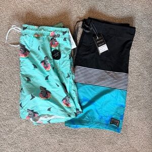 Men’s Swim Trunks - Black/Blue Stripe & Shark Donut Boardshorts